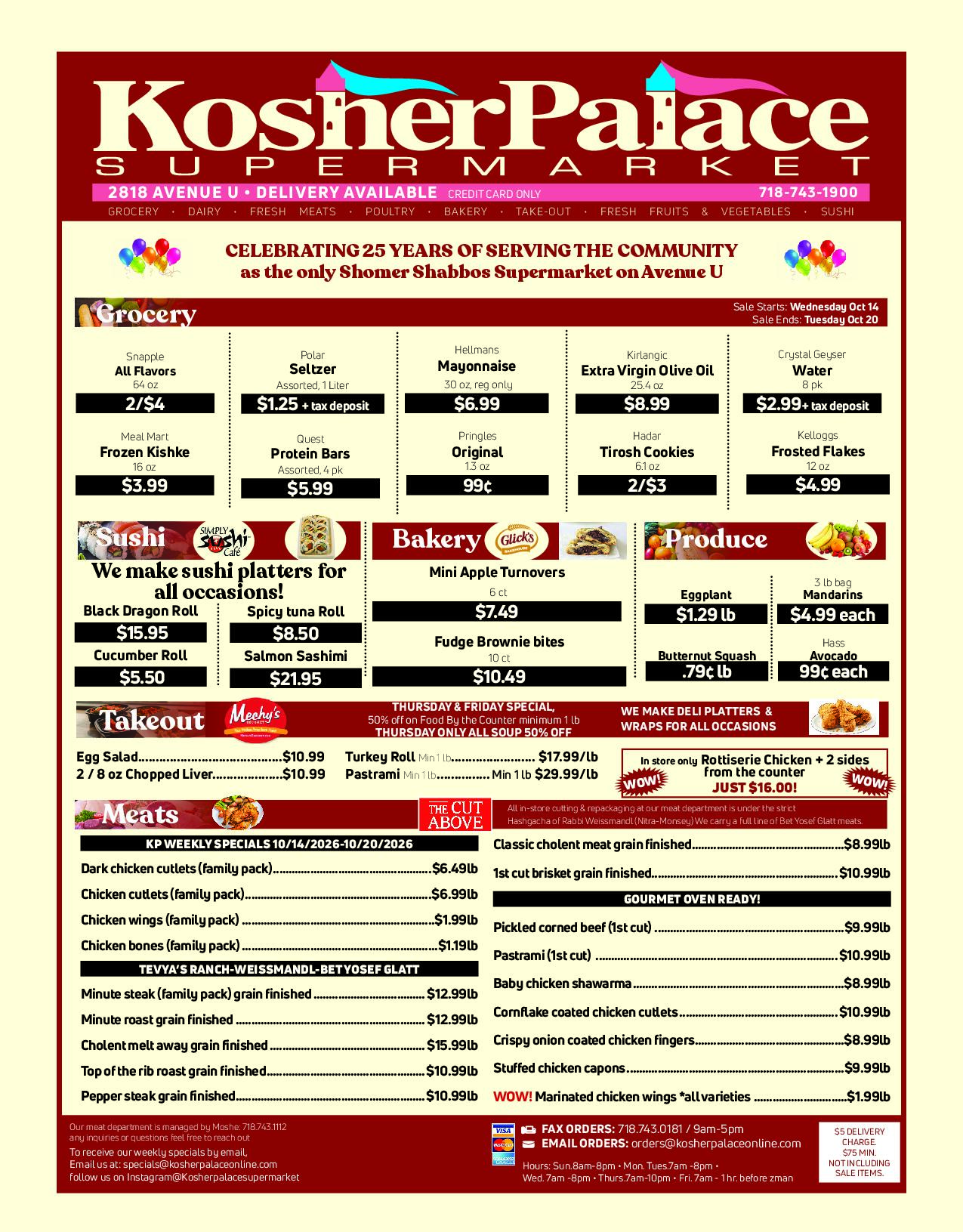 Kosher Palace weekly specials, October 14-20, page 1